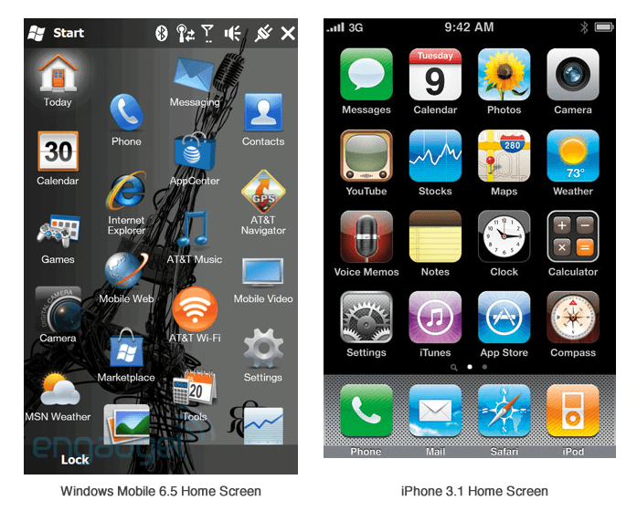 Windows 6.5 and iPhone 3.1 Home screen comparison