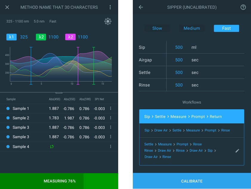 Sample acquisition screens for a spectrophotometer UI