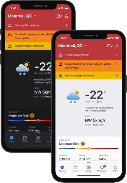 A weather app screen showing the current weather conditions in both light and dark mode