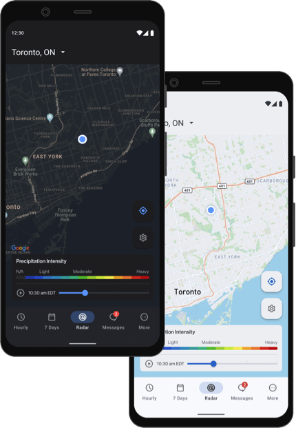 A weather app radar screen showing precipitation in both light and dark mode