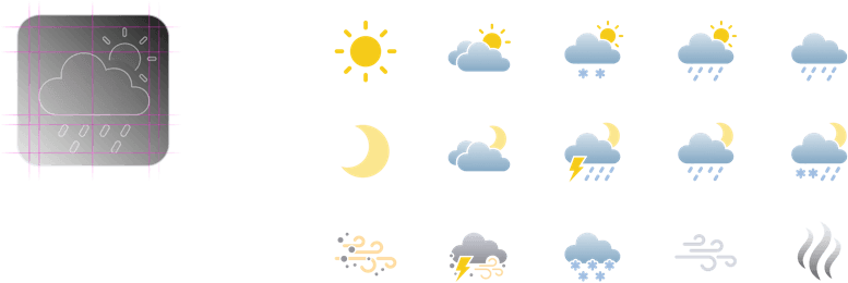 A collection of weather icons designed for a weather app.