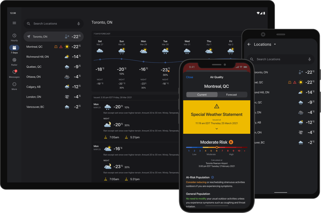 Screen showing current weather conditions on various mobile devices
