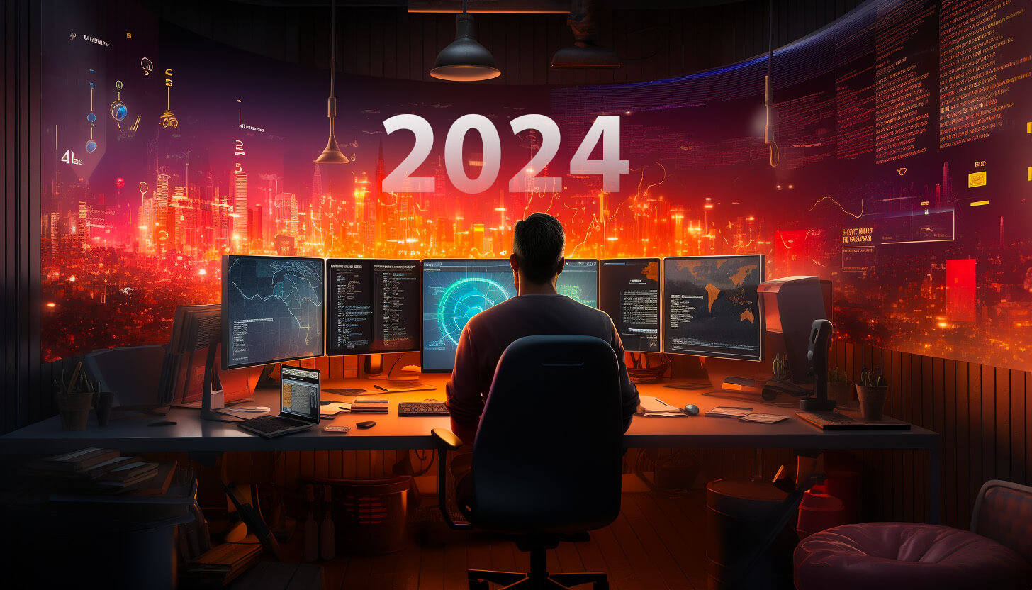 A professional at a workstation overlooks a panoramic view of a digital cityscape overlayed with the year '2024' in bold, illuminating the horizon. Multiple monitors display advanced graphs, world maps, and code, symbolizing the innovative trends in B2B UX design. This setting represents the fusion of AI-driven personalization, complex data visualization, and predictive UX, highlighting a shift towards more intuitive and responsive business technology platforms.