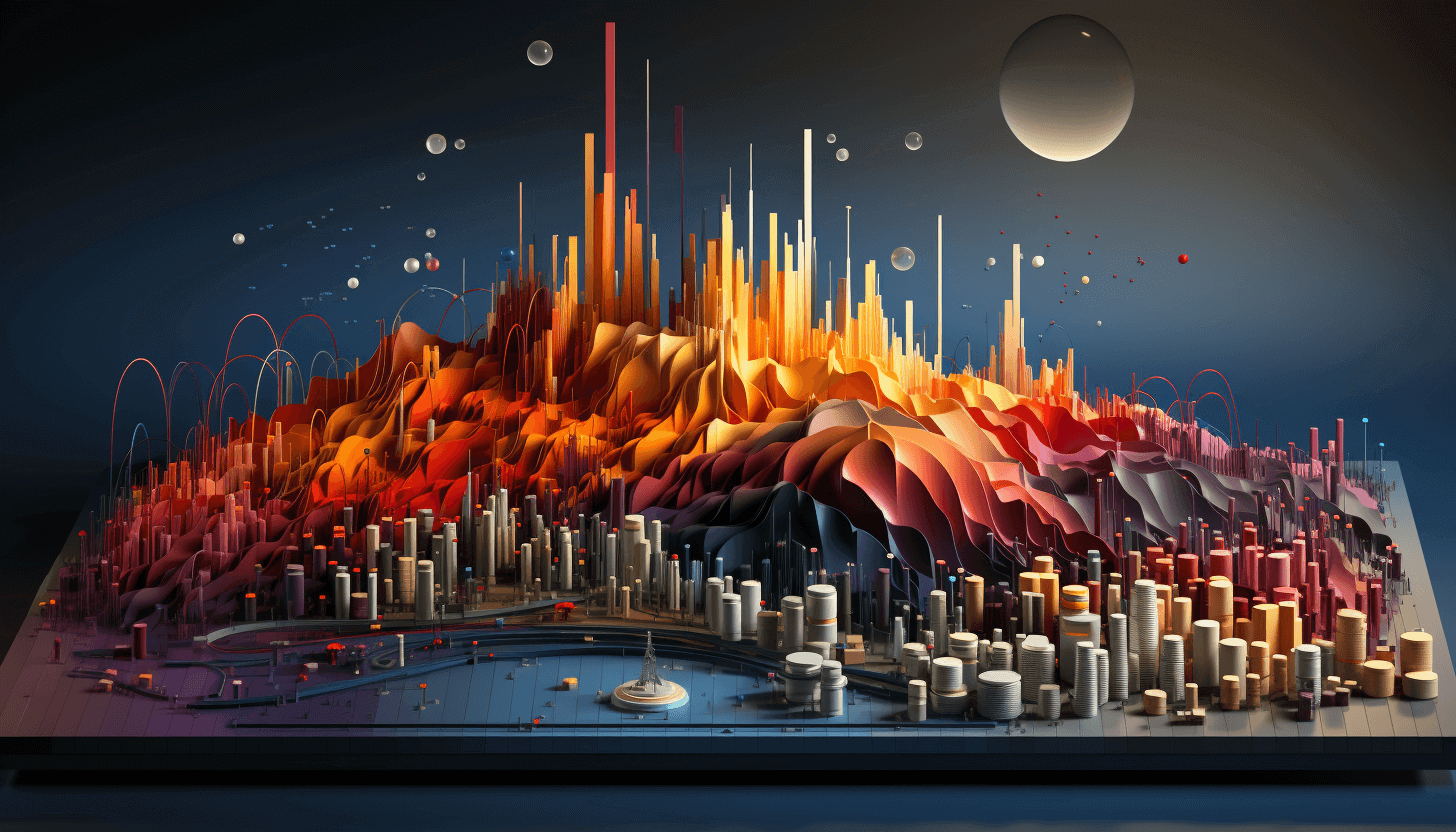 Complex 3D data visualization landscape representing advanced B2B data analysis in 2024, with dynamic, multi-layered bar graphs and trend lines indicating interactive and real-time data metrics, predictive analytics, and personalized storytelling, illustrating the integration of AR in data presentation and accessibility considerations.