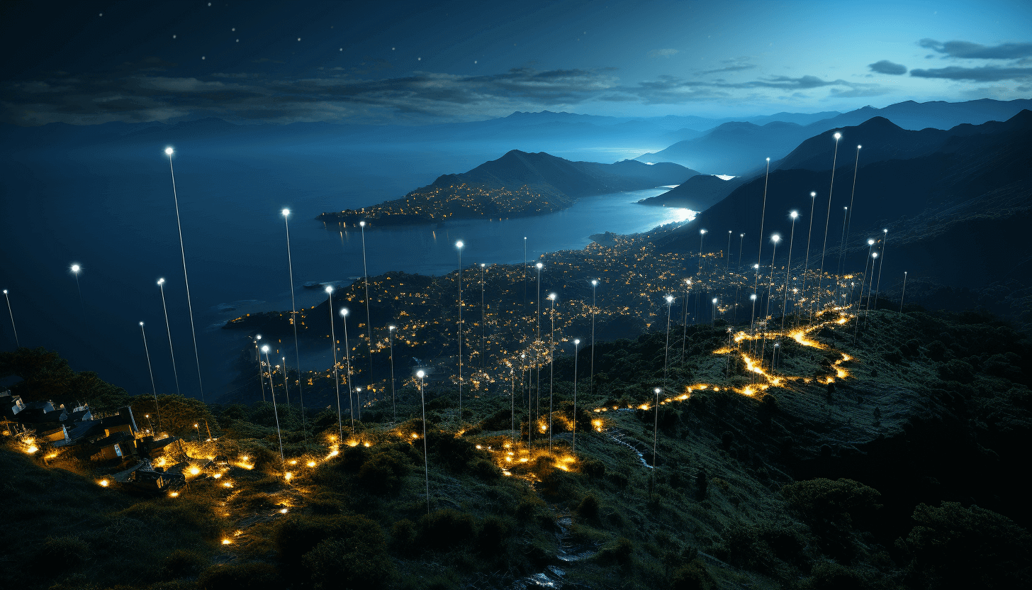 Nighttime view of a hillside and coastal cityscape illuminated by low-impact lighting, symbolizing the integration of sustainability and ethical design in B2B UX, with emphasis on eco-friendly design choices and minimalistic efficiency that aligns with the 2024 shift towards environmental consciousness in enterprise solutions.