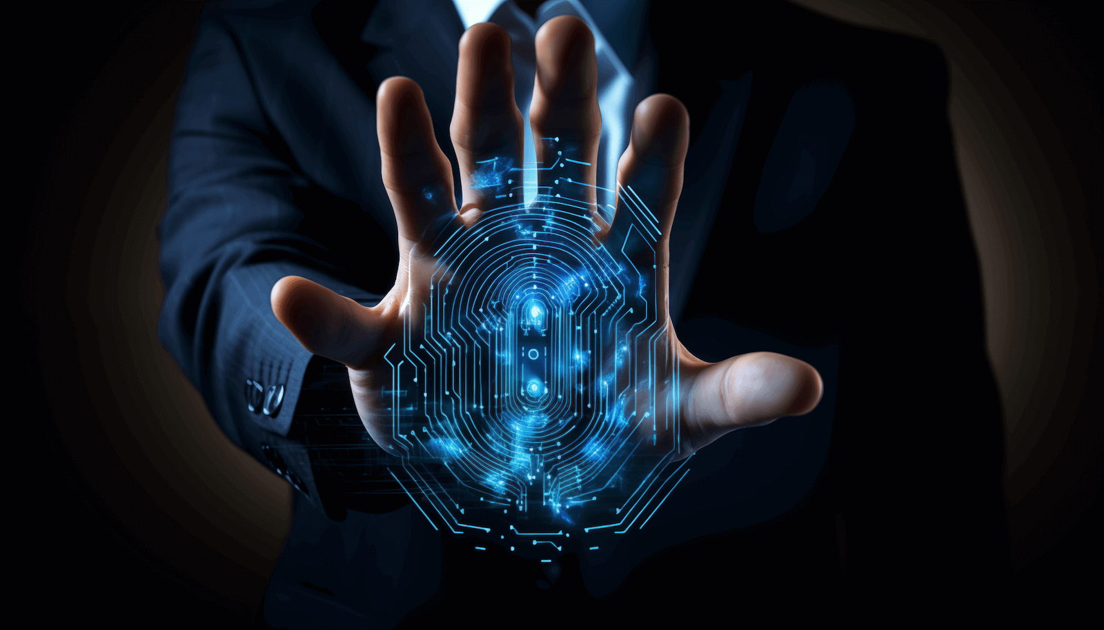 Businessman's hand presenting a digital fingerprint composed of glowing blue circuit patterns, symbolizing advanced security features in B2B UX design for 2024, demonstrating the seamless integration of encryption and user-centric security measures in enterprise platforms.
