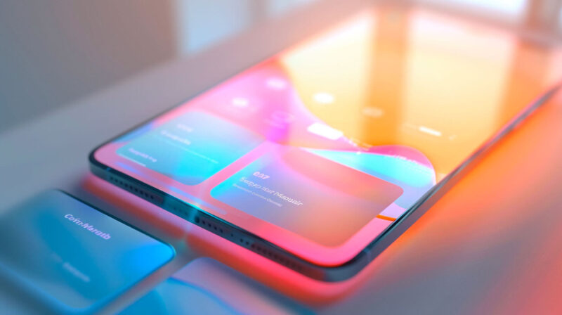 UI design featuring glassmorphism with translucent elements and background blur effects.