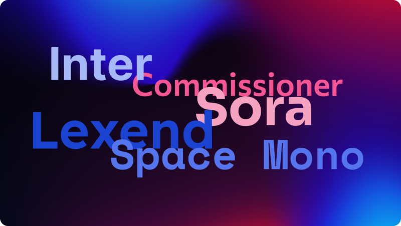 Collage of top UX/UI design fonts for 2024 featuring Inter, Lexend, Sora, Commissioner, and Space Mono, displayed across various user interfaces.