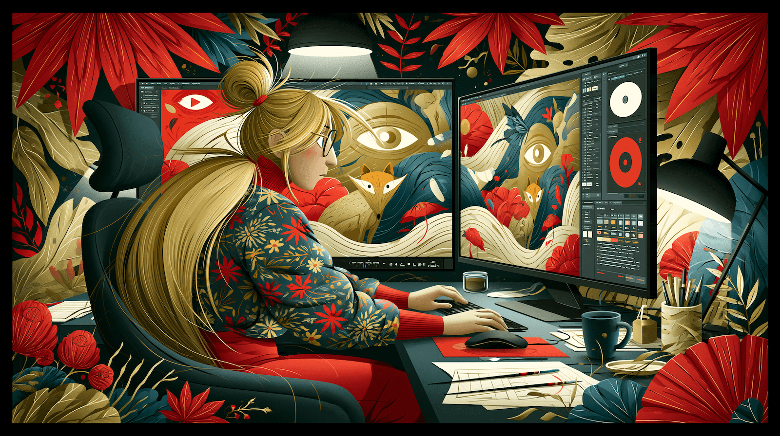 Illustration of a designer working at a two-monitor desk setup, surrounded by stylised red and gold foliage